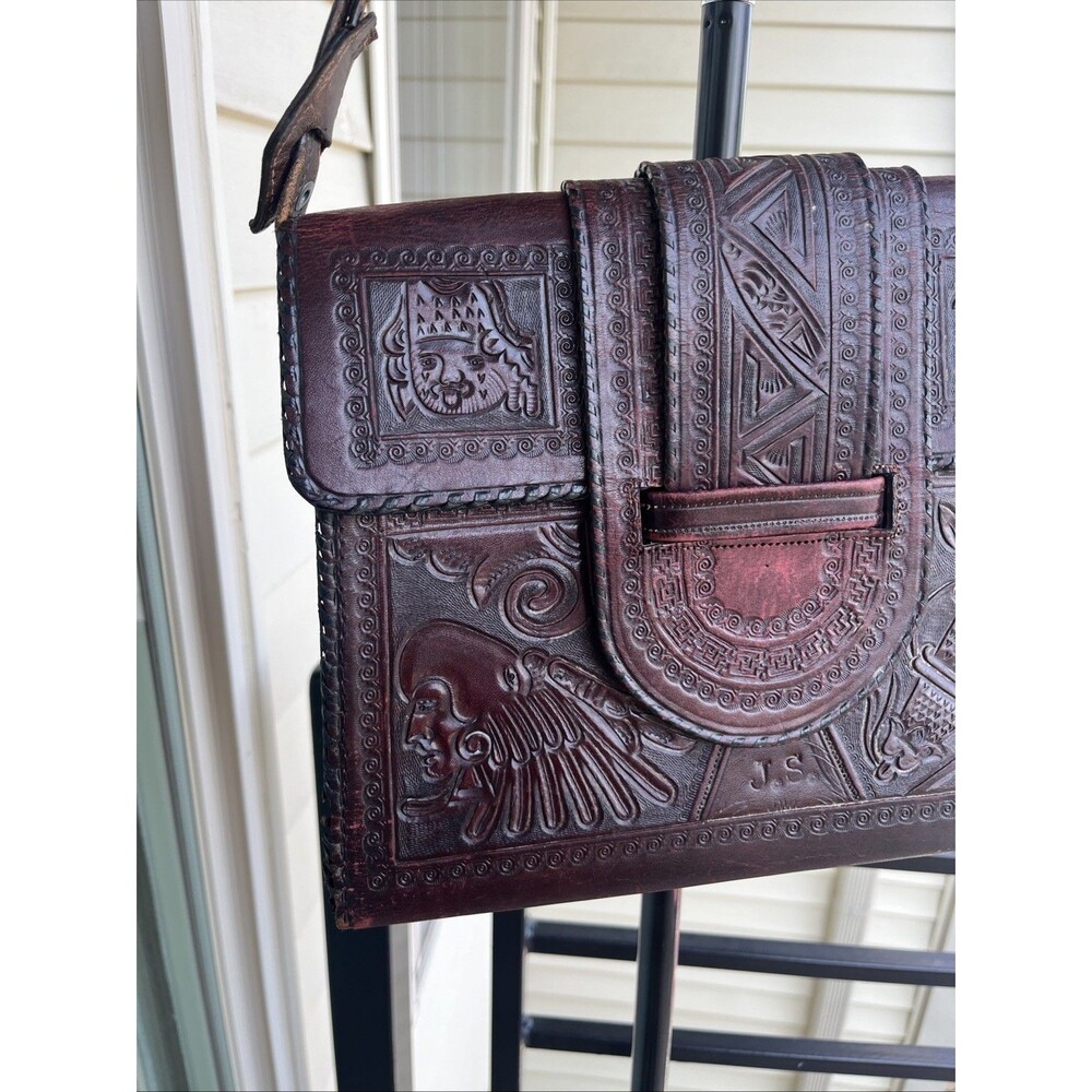 Vintage Mexican Aztec Mayan Tooled Brown Leather Handbag Purse Boho Hippie Vibe - Picture 3 of 16